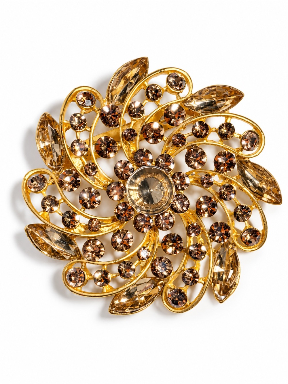 Gold Tone Champagne Rhinestone Flower Brooch